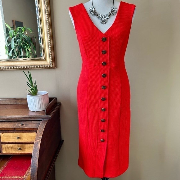 Anthropologie Maeve Quilted Button Midi Dress Red Size Medium NWT - Picture 2 of 11